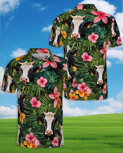 Holstein Cow Tropical Polo Shirt - Hawaiian Farm Animal Floral Design | Netecom