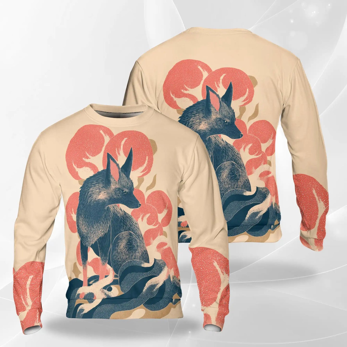 Japanese Fox Sweatshirt, 3D All Over Print Japanese Art Kitsune Crewneck Pullover for Men Women, Fox Lover Gift - Netecom