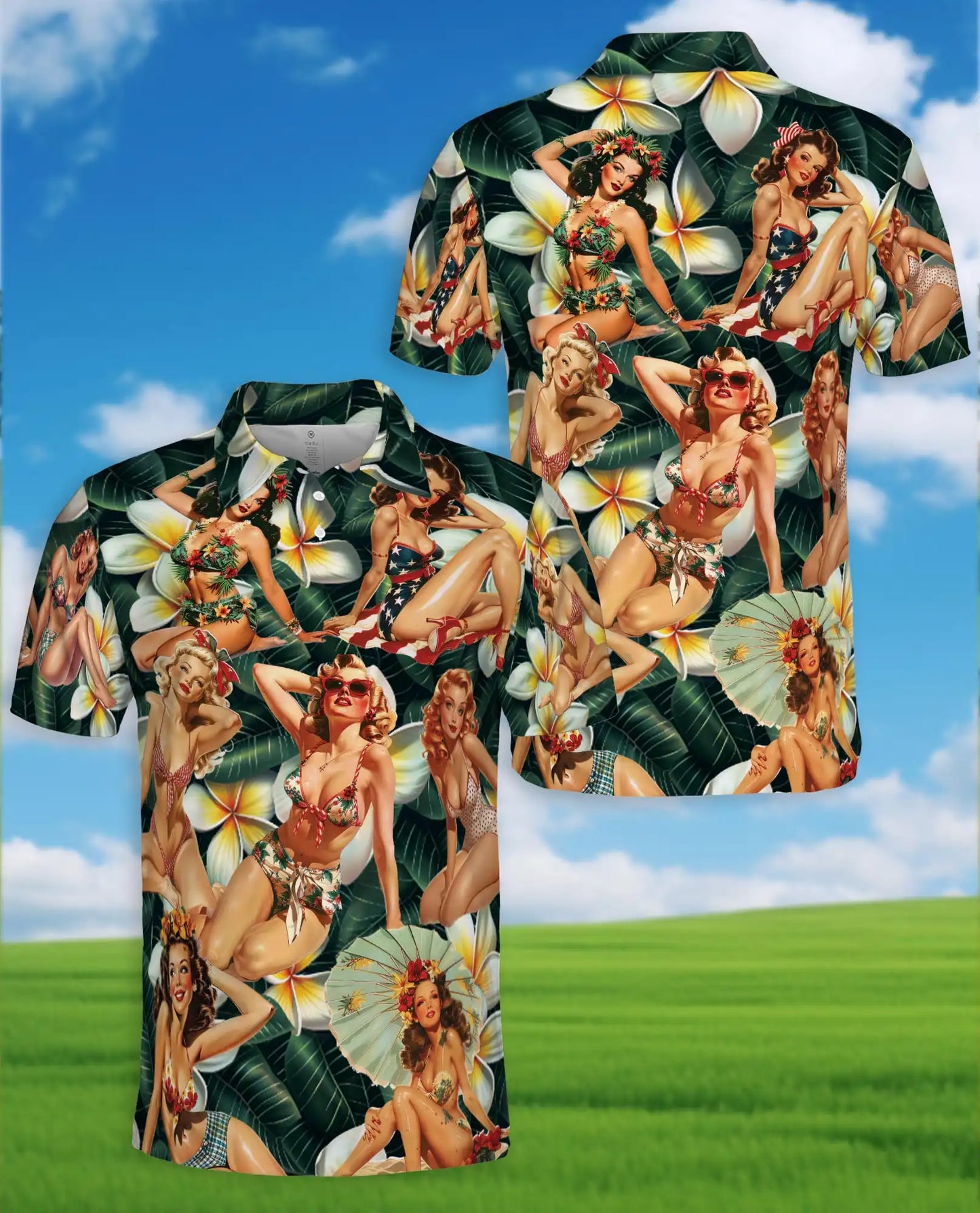 Retro Pin Up Girl Hawaiian Polo Shirt - Vintage Tropical Beauty Design | Netecom