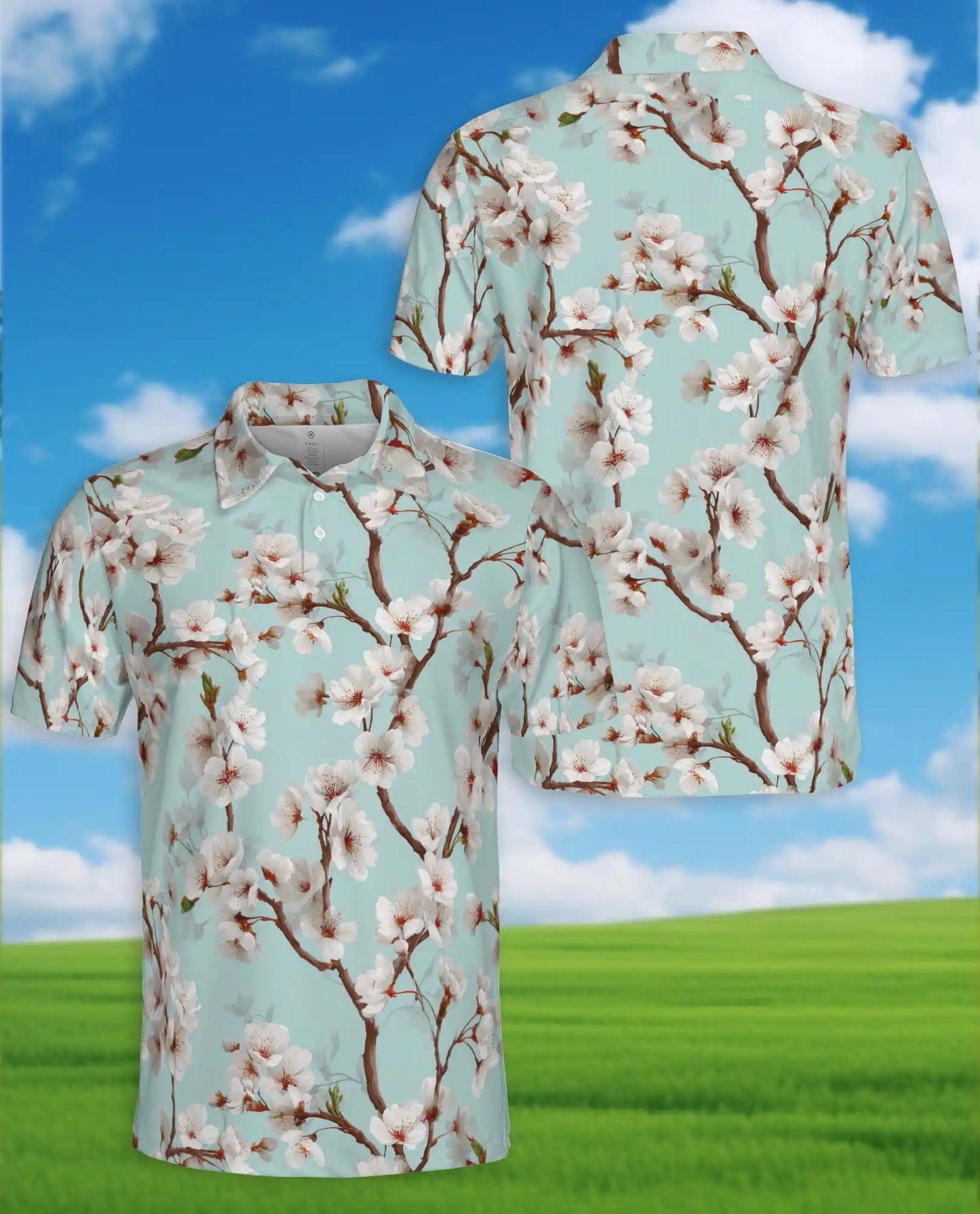 White Cherry Blossom Polo Shirt for Men – Spring Floral Style | Netecom