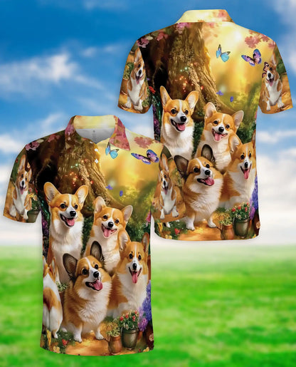 Cute Corgi Garden 3D Polo Shirt for Men – Fantasy Dog Nature Style | Netecom