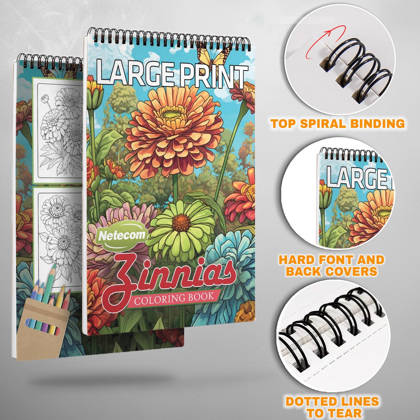 Large Print Zinnias Spiral Bound Coloring Book, Bold and Beautiful Zinnias in Large Print, Great for Easy and Vibrant Floral Art Enjoyment