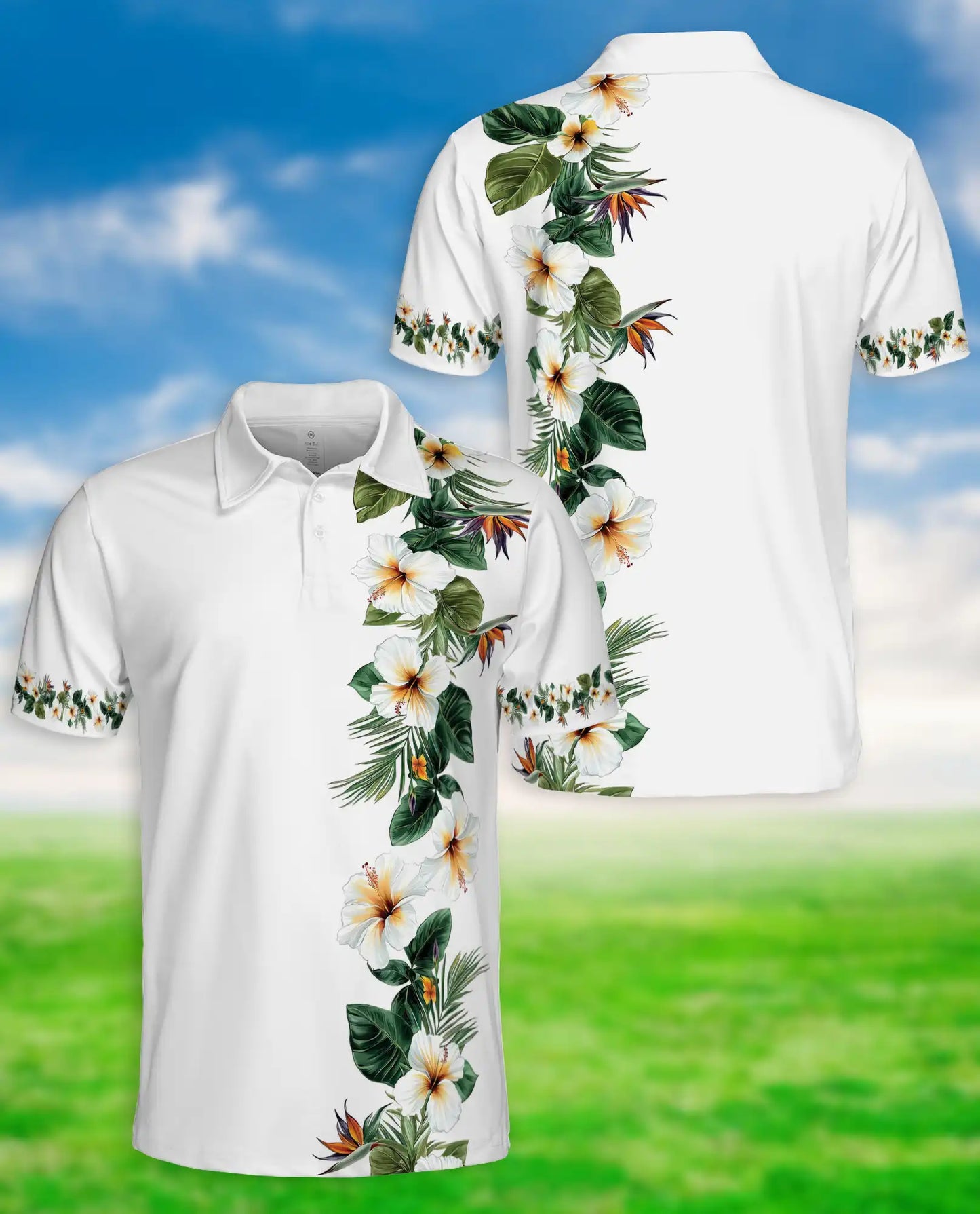 White Tropical Hibiscus 3D Polo Shirt for Men – Elegant Hawaiian Floral Style | Netecom