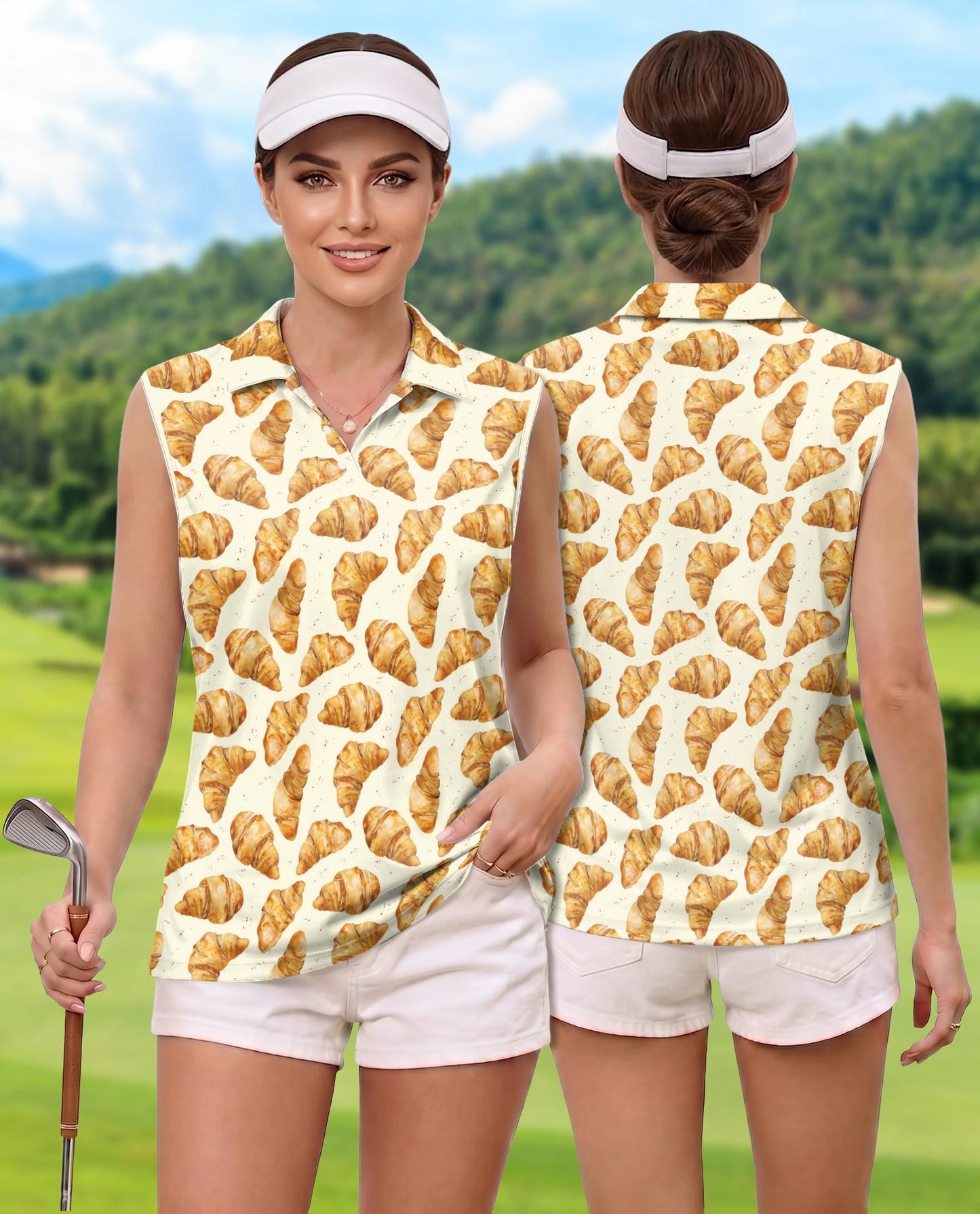 Croissant Pattern Sleeveless Polo Shirt for Women – Cute Bakery Food Style | Netecom