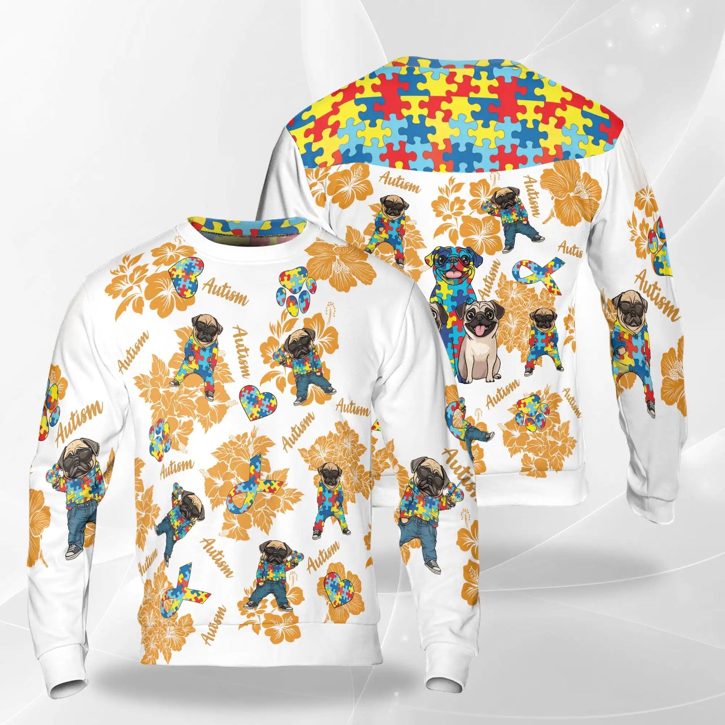 Pug Autism Awareness Sweatshirt, 3D All Over Print Cute Dog Crewneck Pullover for Men Women, Autism Awareness Gift - Netecom