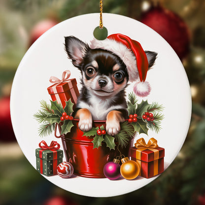Netecom Adorable Chihuahua in Bucket Ornament, Dog with Santa Hat Ceramic Ornament for Christmas Tree Hanging Decorations Gift, Dog Lover Gifts, Home Decor, Holiday Party Present