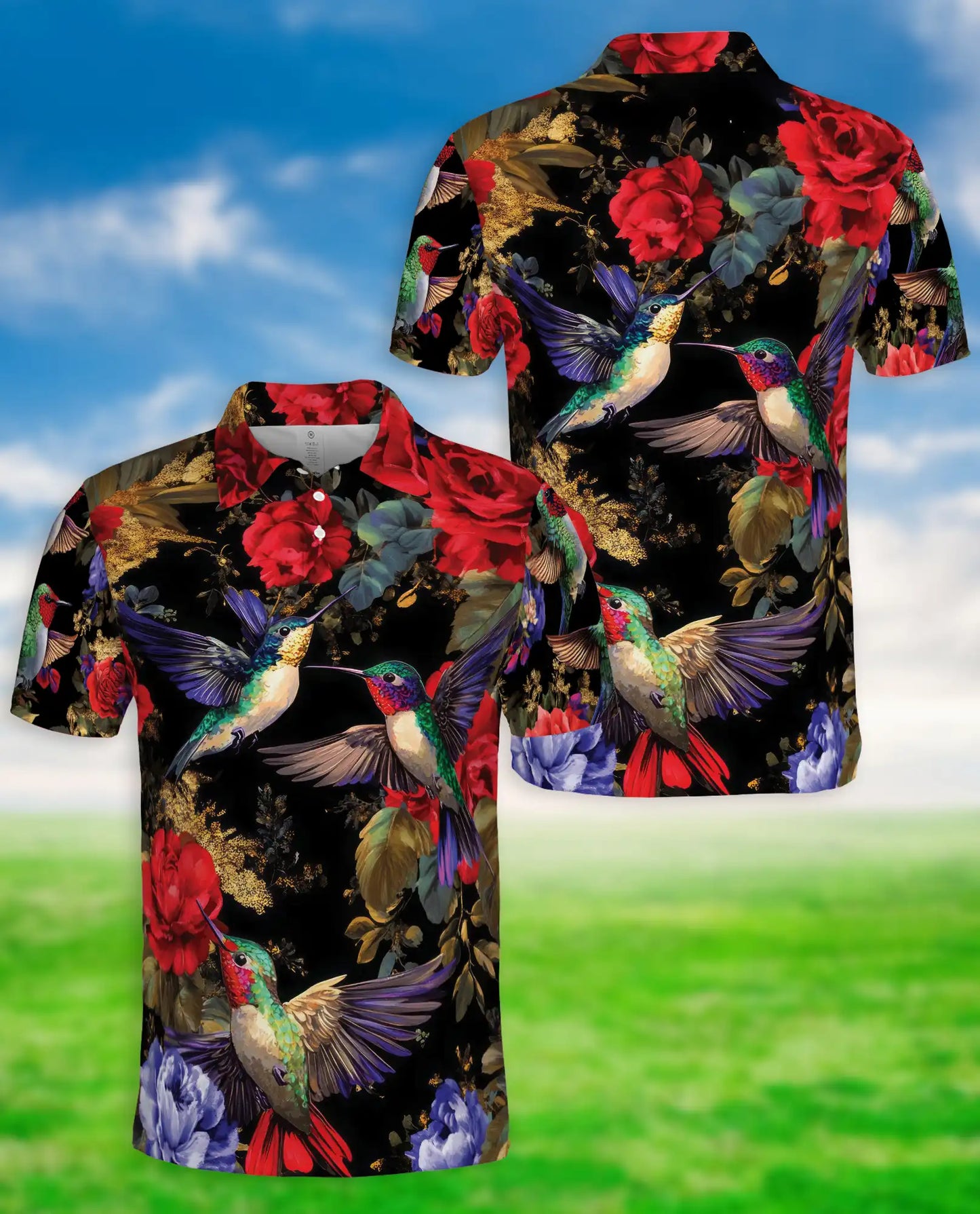 Hummingbird Floral Polo Shirt – Elegant Rose Print | Netecom