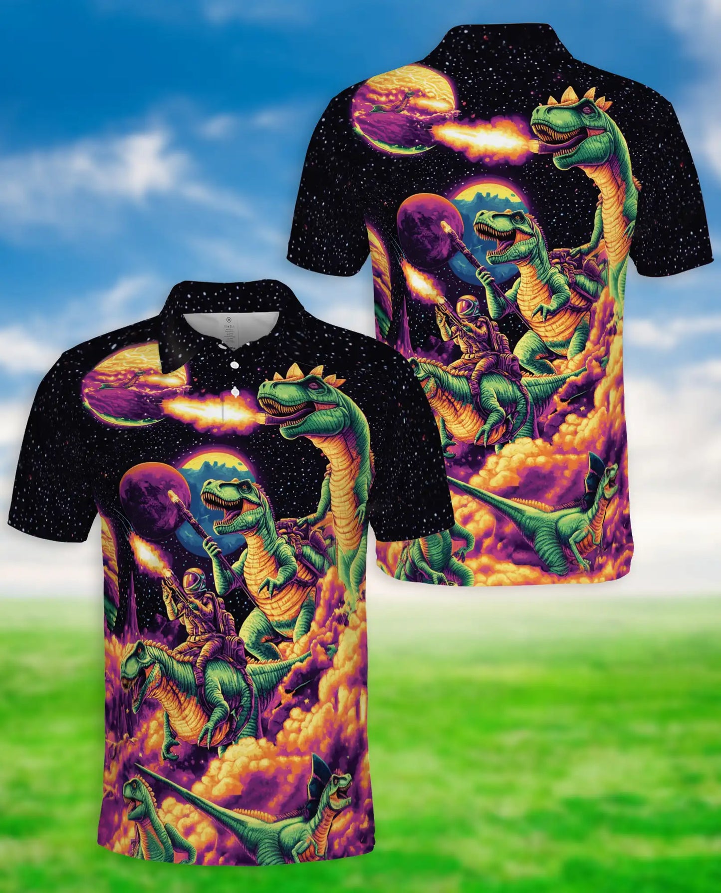 Space Dinosaur Polo Shirt – T-Rex Galaxy Print | Netecom