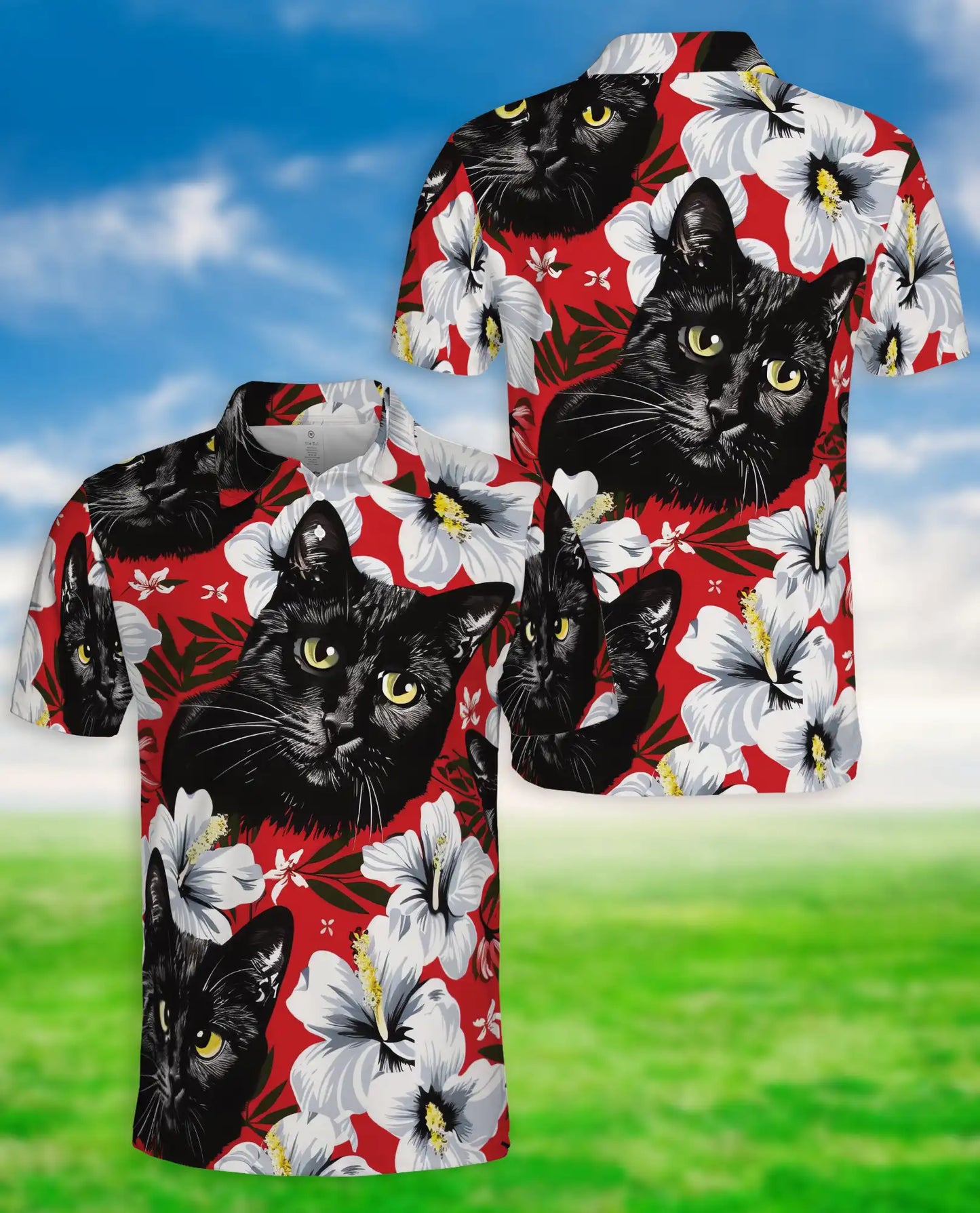 Black Cat Hawaiian Polo Shirt for Men | Netecom