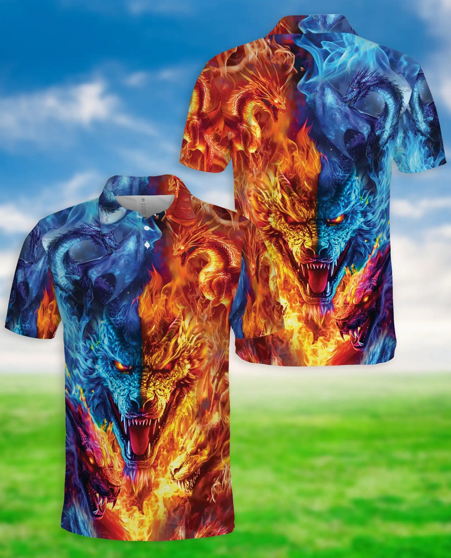 Fire and Ice Dragon 3D Polo Shirt for Men – Fantasy Mythical Beast Style | Netecom