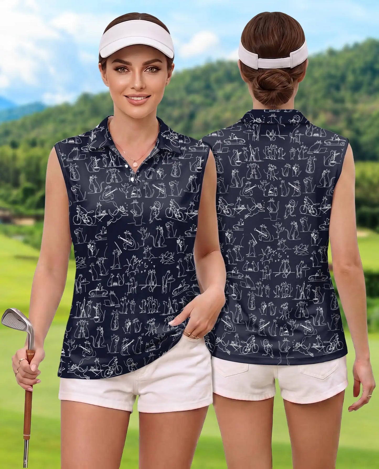 Navy Cat Doodle Sleeveless Polo Shirt for Women – Cute Feline Style | Netecom