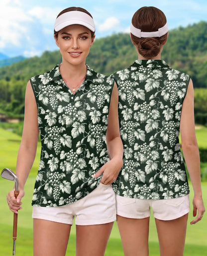 Grape And Vine Sleeveless Polo Shirt for Women – Elegant Botanical Style | Netecom