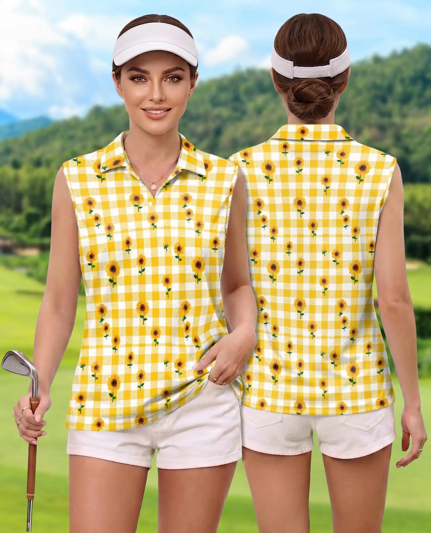 Yellow Gingham Sunflower Sleeveless Polo Shirt for Women | Netecom