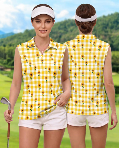 Yellow Gingham Sunflower Sleeveless Polo Shirt for Women | Netecom
