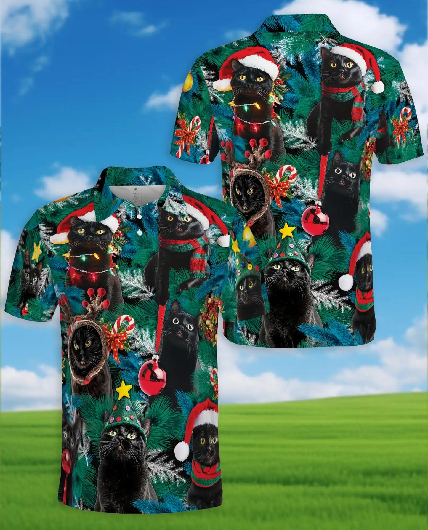Black Cat Christmas Polo Shirt - Festive Holiday Pet Style | Netecom
