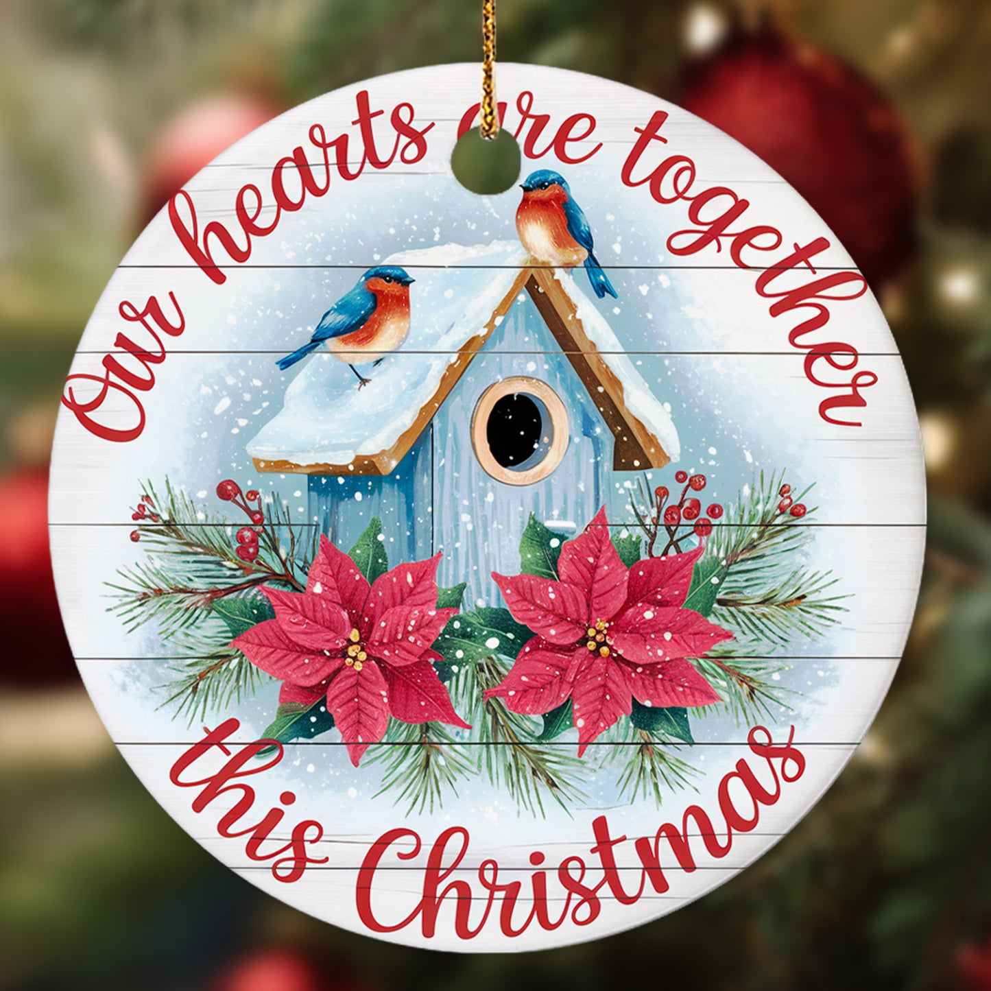 Netecom Classic Birdhouse Ornament with Red Poinsettia and Winter Birds, Our Hearts Are Together This Christmas Ceramic Ornament for Christmas Tree Hanging Decorations Gift, Holiday Party Present