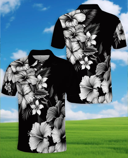 Black White Hibiscus Polynesian Polo Shirt for Men – Tribal Island Style | Netecom