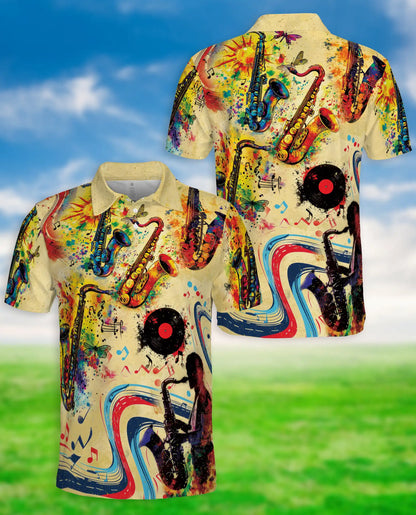Saxophone Music 3D Polo Shirt for Men – Jazz Retro Art Style | Netecom