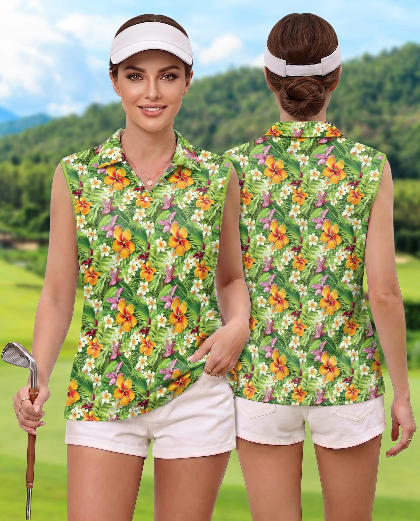 Tropical Floral Sleeveless Polo Shirt for Women – Colorful Summer Style | Netecom