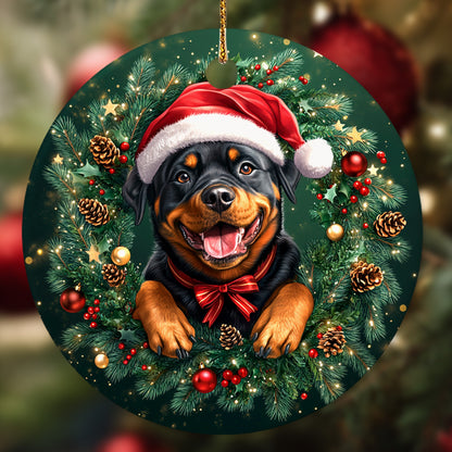 Netecom Cute Rottweiler in Santa Hat Christmas Ornament, Rottie Dog Ceramic Ornament for Xmas Tree Hanging Decorations Gift, Puppy Lover Gifts, Home Decor, Holiday Party Present