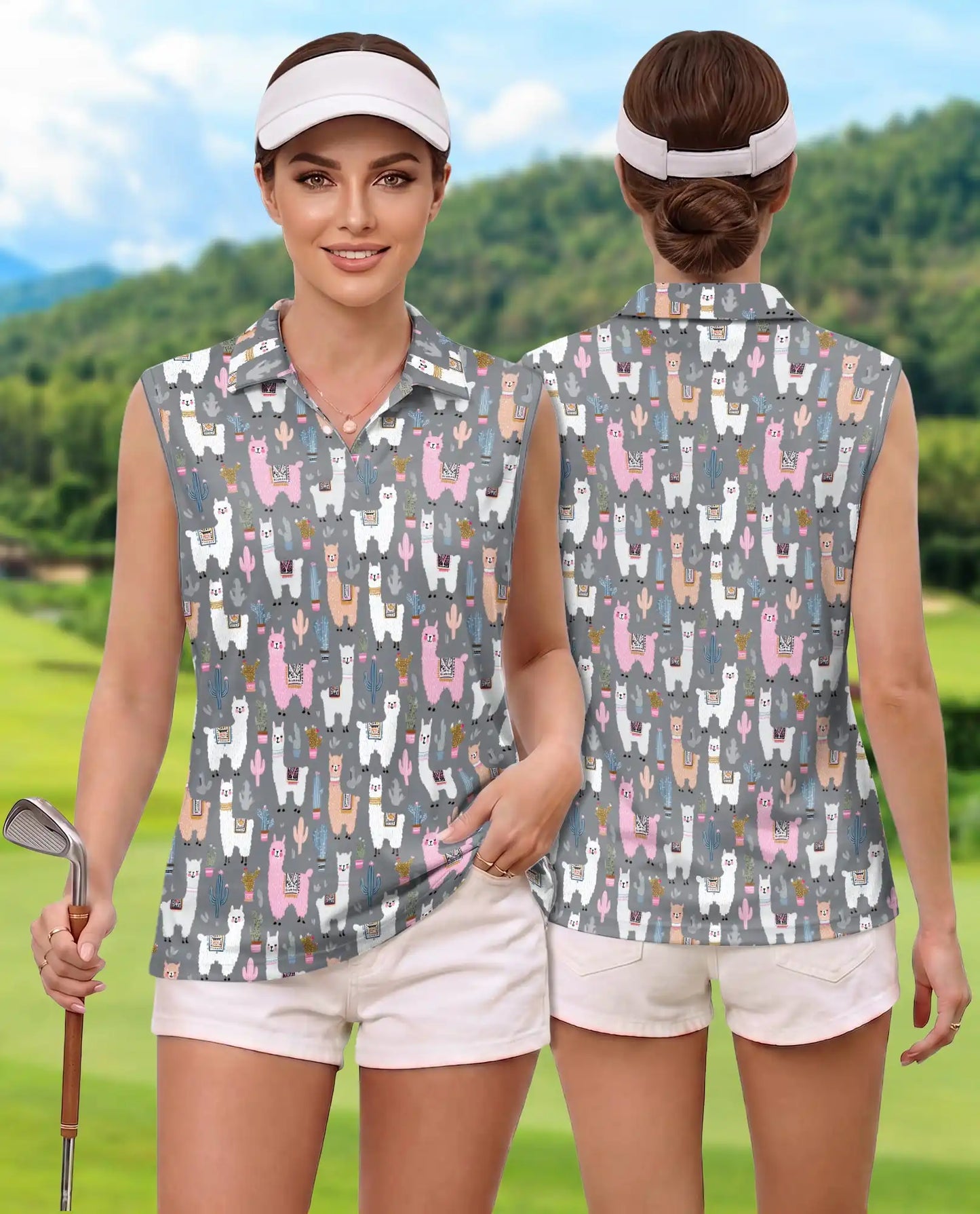 Llamas And Cacti Sleeveless Polo Shirt for Women – Desert Animal Style | Netecom
