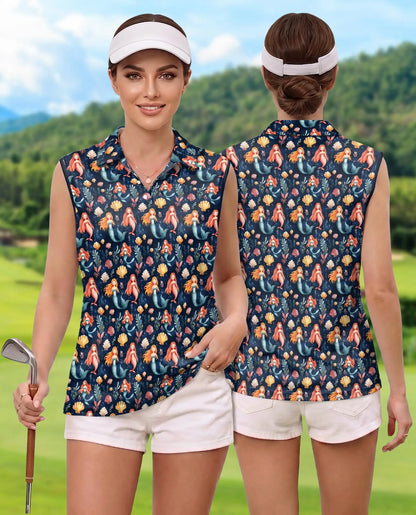 Under The Sea Mermaid Sleeveless Polo Shirt for Women – Ocean Fantasy Style | Netecom