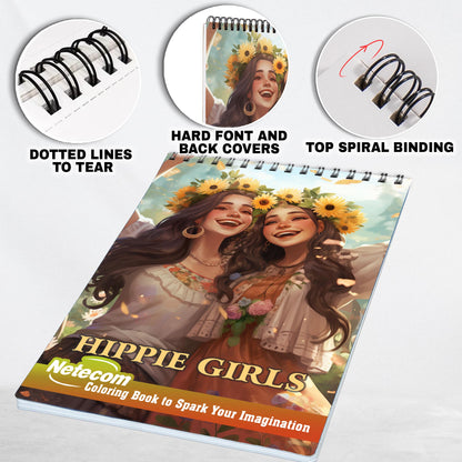 Hippie Girls Spiral Bound Coloring Book, Unleash Your Creativity with 30 Whimsical Coloring Pages of Hippie Girls