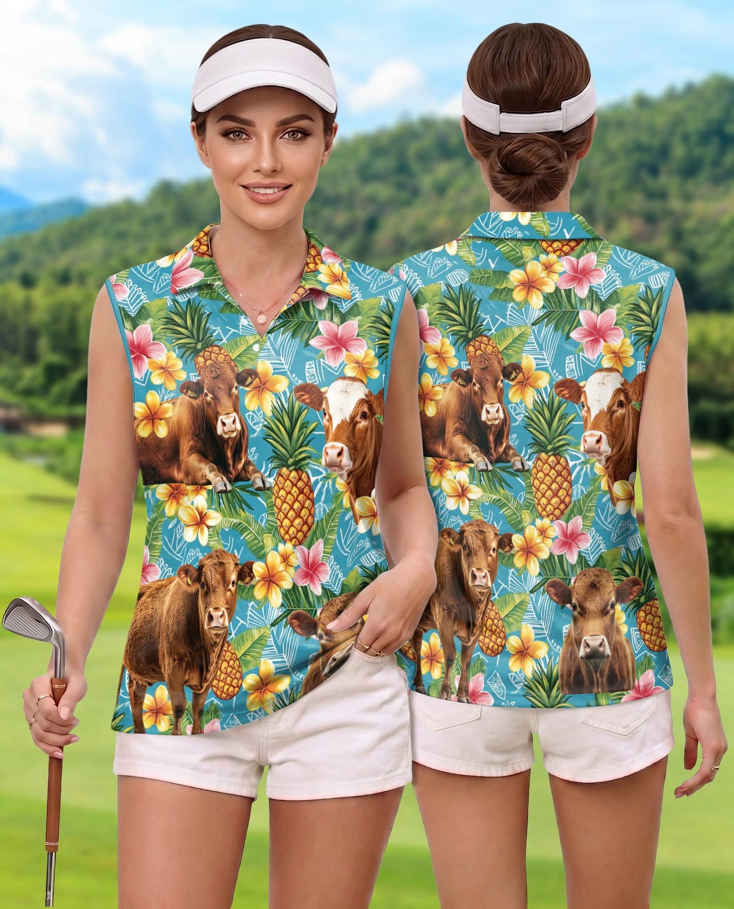 Red Angus Cattle Lovers Pineapple Sleeveless Polo Shirt for Women | Netecom