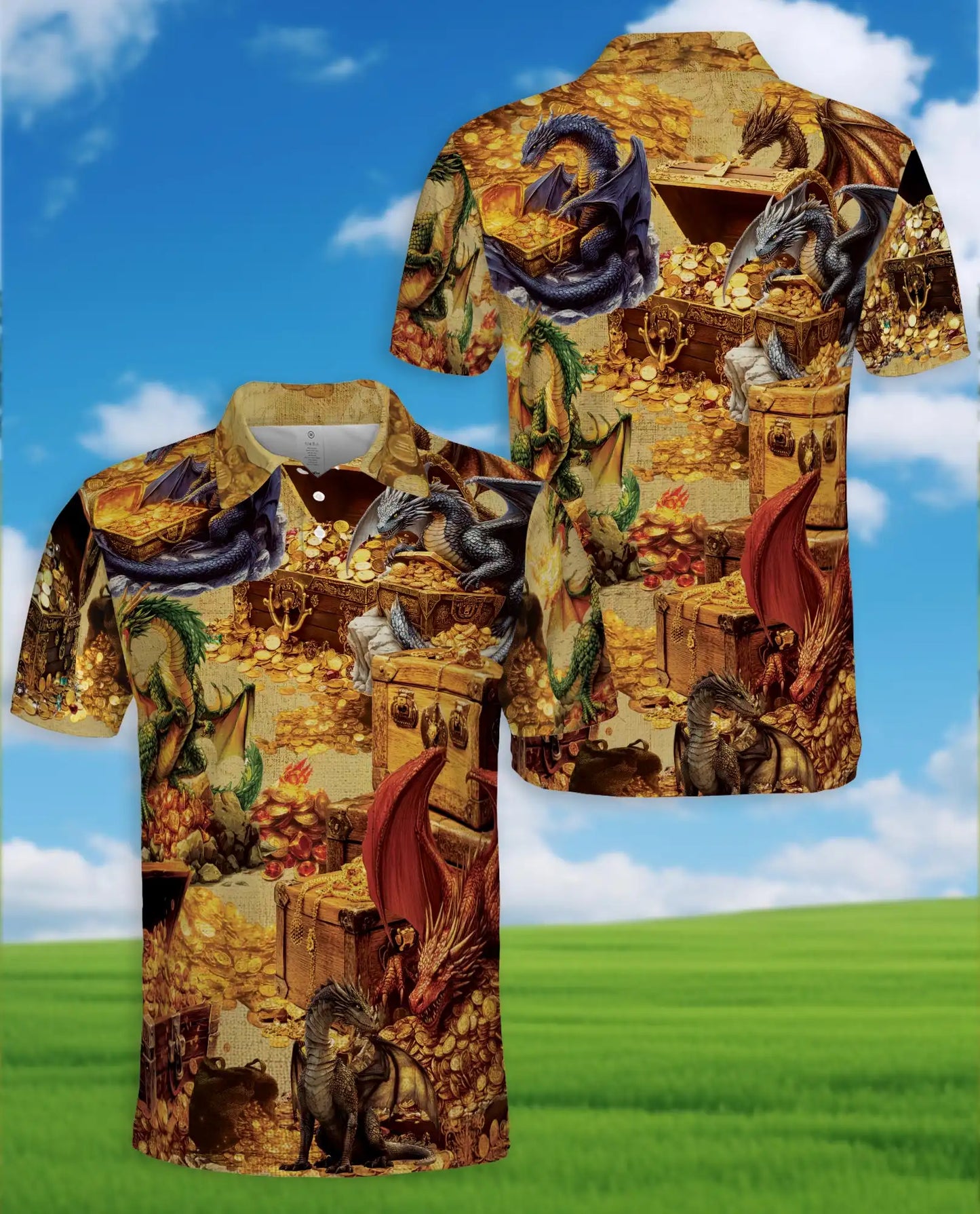 Dragon Treasure Hoard Polo Shirt for Men - Medieval Fantasy Gold | Netecom