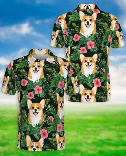 Corgi Tropical 3D Polo Shirt for Men – Cute Dog Floral Style | Netecom
