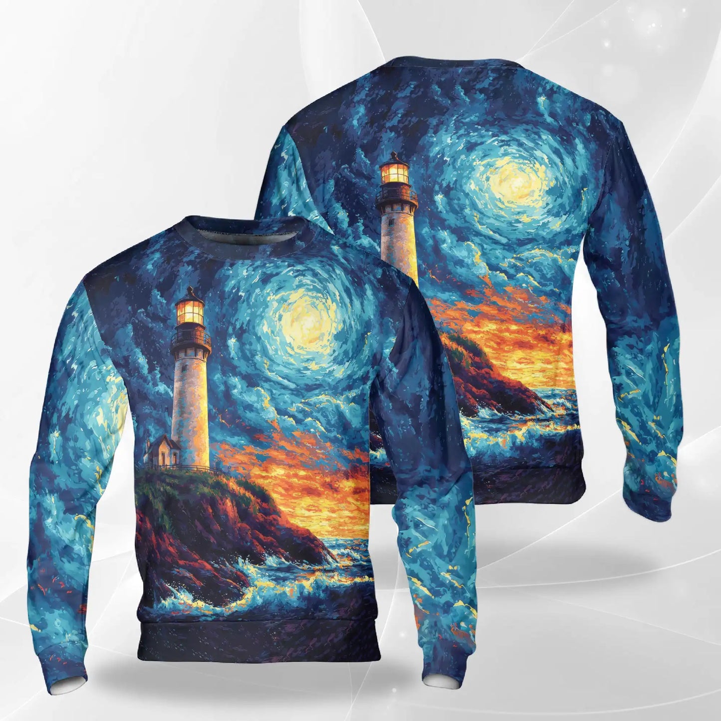 Inspired Starry Night Lighthouse Sweatshirt, 3D All Over Print Celestial Ocean Crewneck Pullover for Men Women, Lighthouse Lover Gift - Netecom