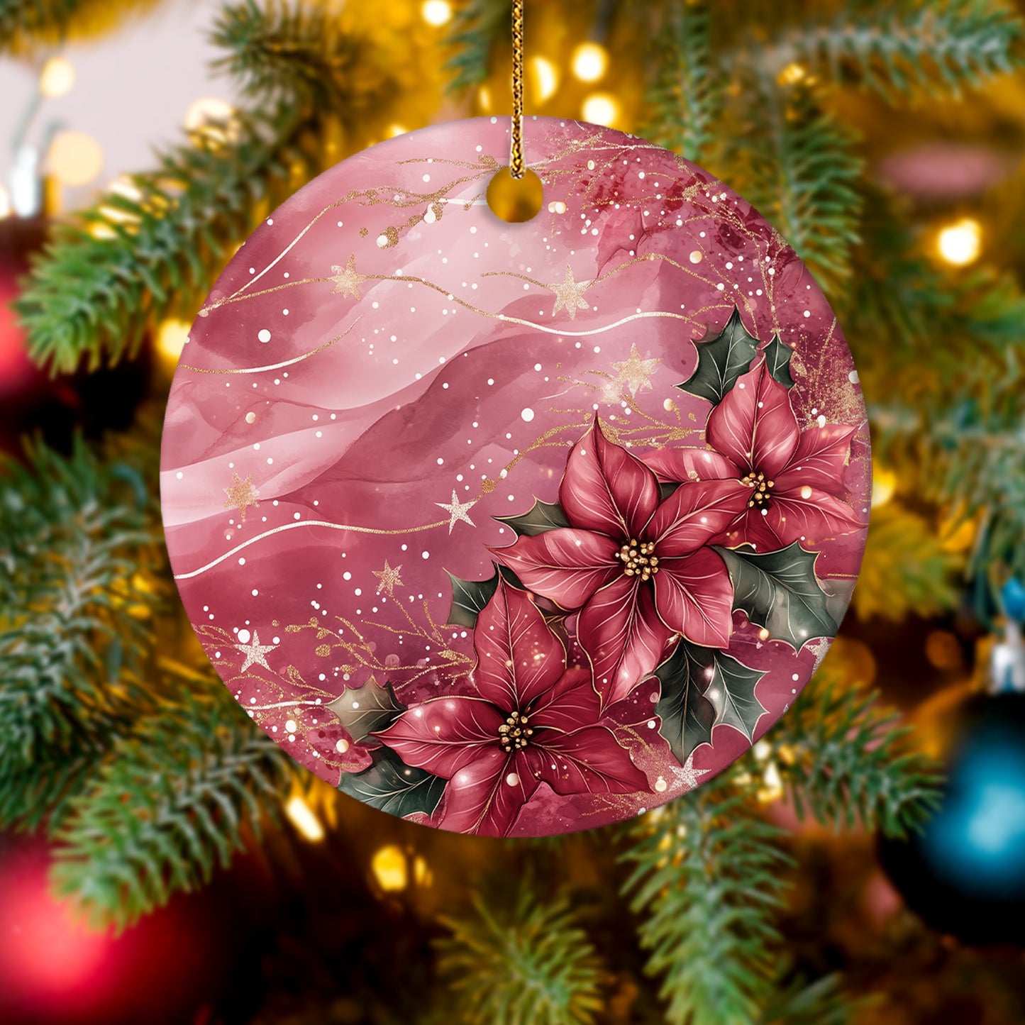 Netecom Elegant Pink Poinsettia Christmas Ornament, Ceramic Flowers Keepsake Ornament for Xmas Tree Decorations, Gifts for Holiday, Party, Home Decor