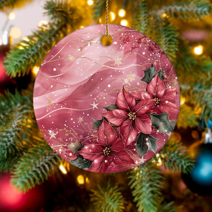 Netecom Elegant Pink Poinsettia Christmas Ornament, Ceramic Flowers Keepsake Ornament for Xmas Tree Decorations, Gifts for Holiday, Party, Home Decor