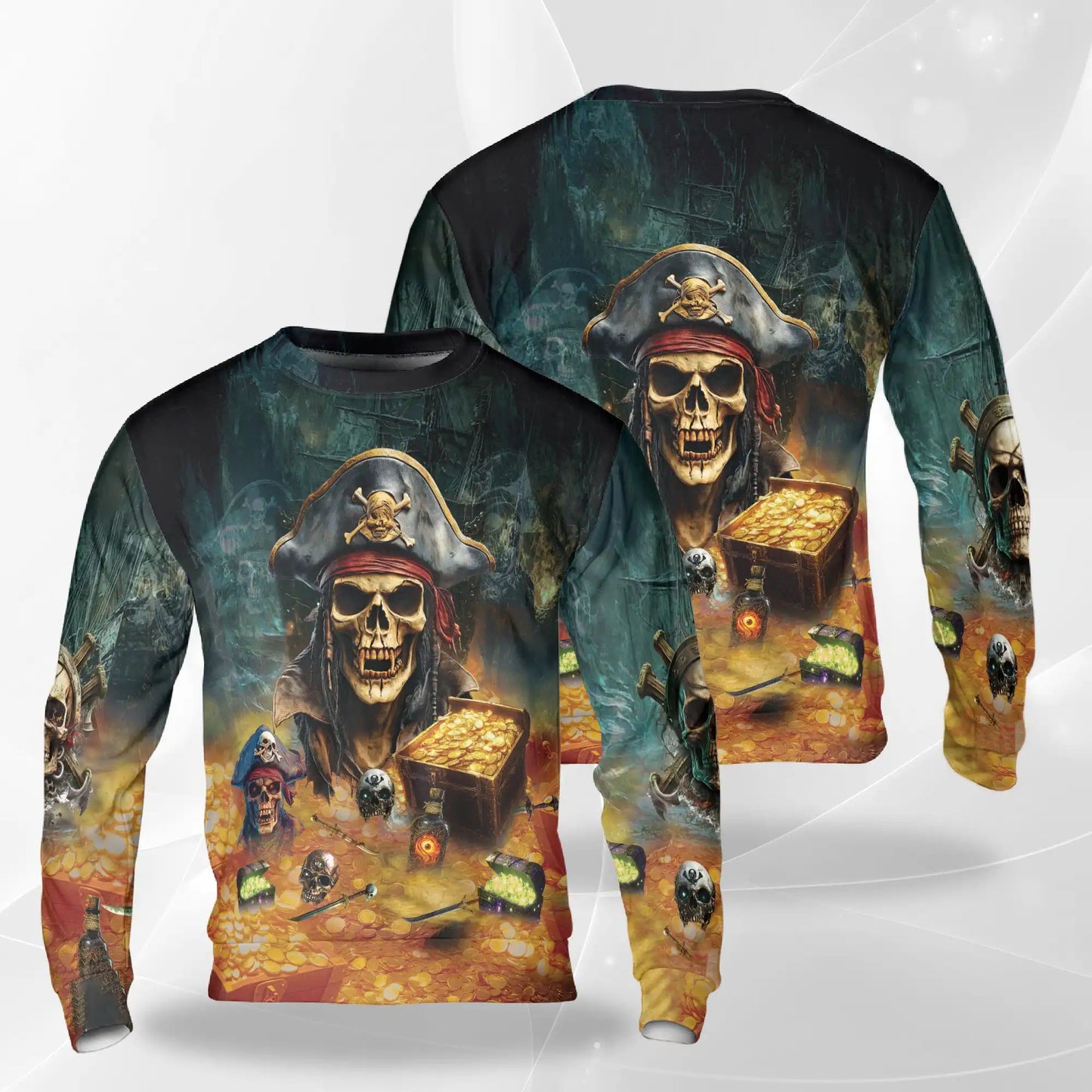 Pirate Skull with Treasure Sweatshirt, 3D All Over Print Pirate Adventure Crewneck Pullover for Men Women, Pirate Lover Gift - Netecom