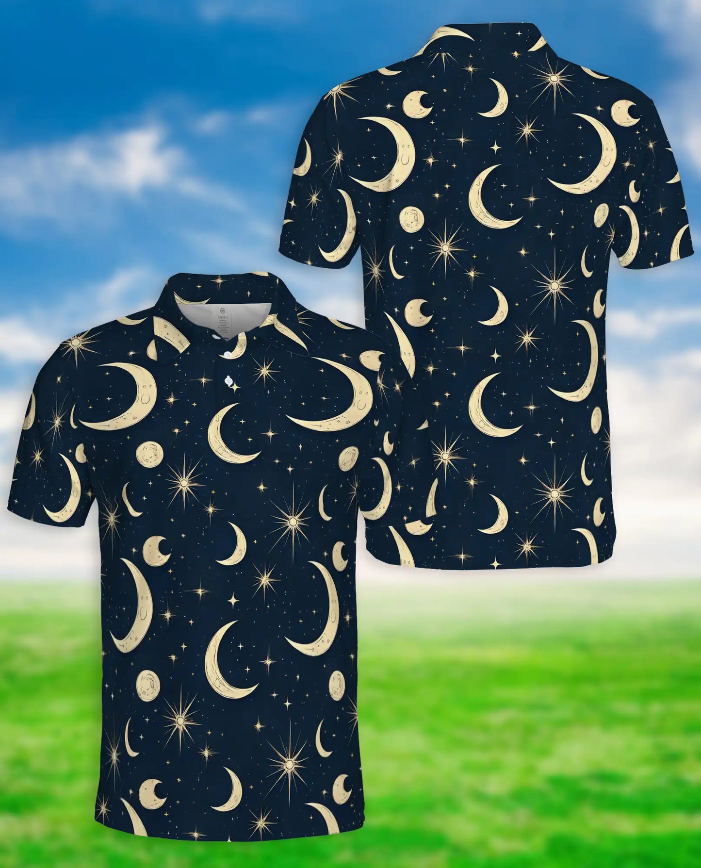 Celestial Moon Polo Shirt- Night Sky Stars Cosmic Print | Netecom