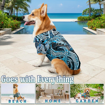 Netecom Matching Fenrir Blue Hawaiian Shirt for Dog and Owner, Aloha Summer Shirt, Wolf Myth Print Button Down Outfit for Pet and Human, Beach Vacation Casual Wear