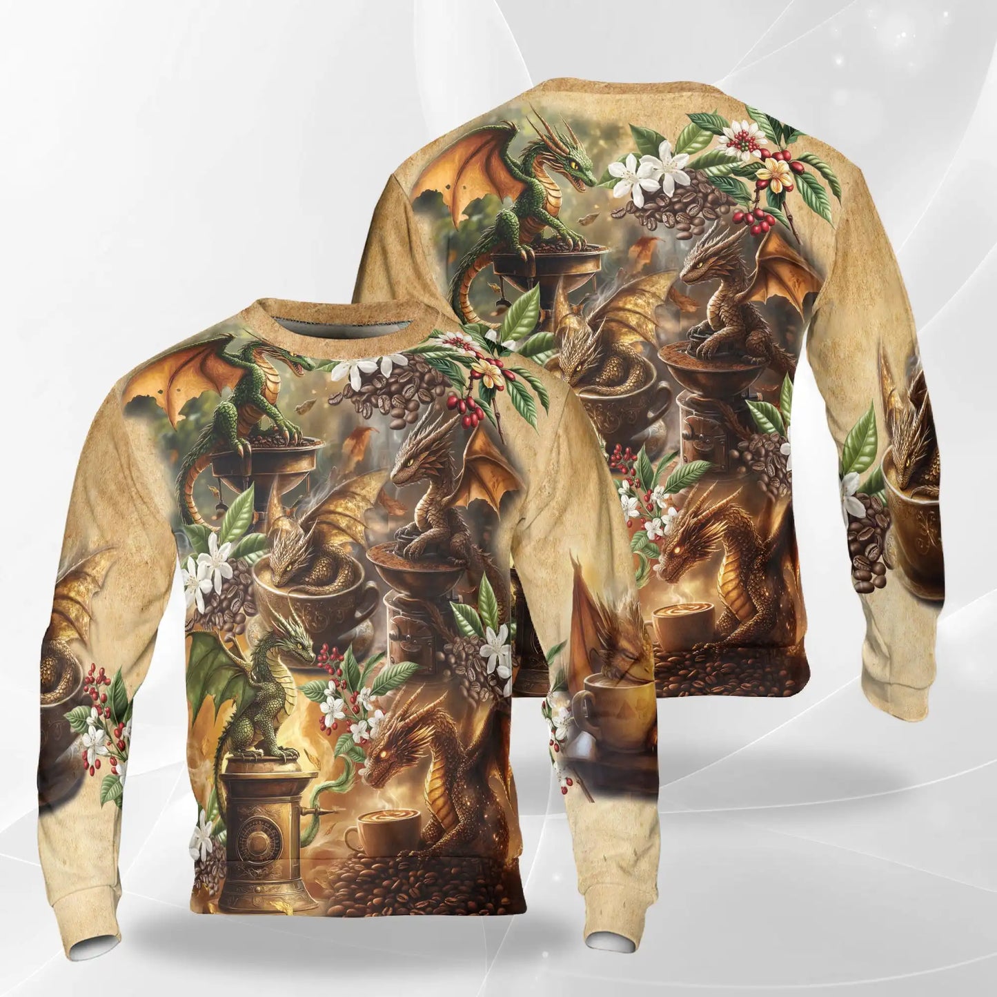 Dragon Coffee Lovers Sweatshirt, 3D All Over Print Fantasy Coffee Crewneck Pullover for Men Women, Coffee Lover Gift - Netecom