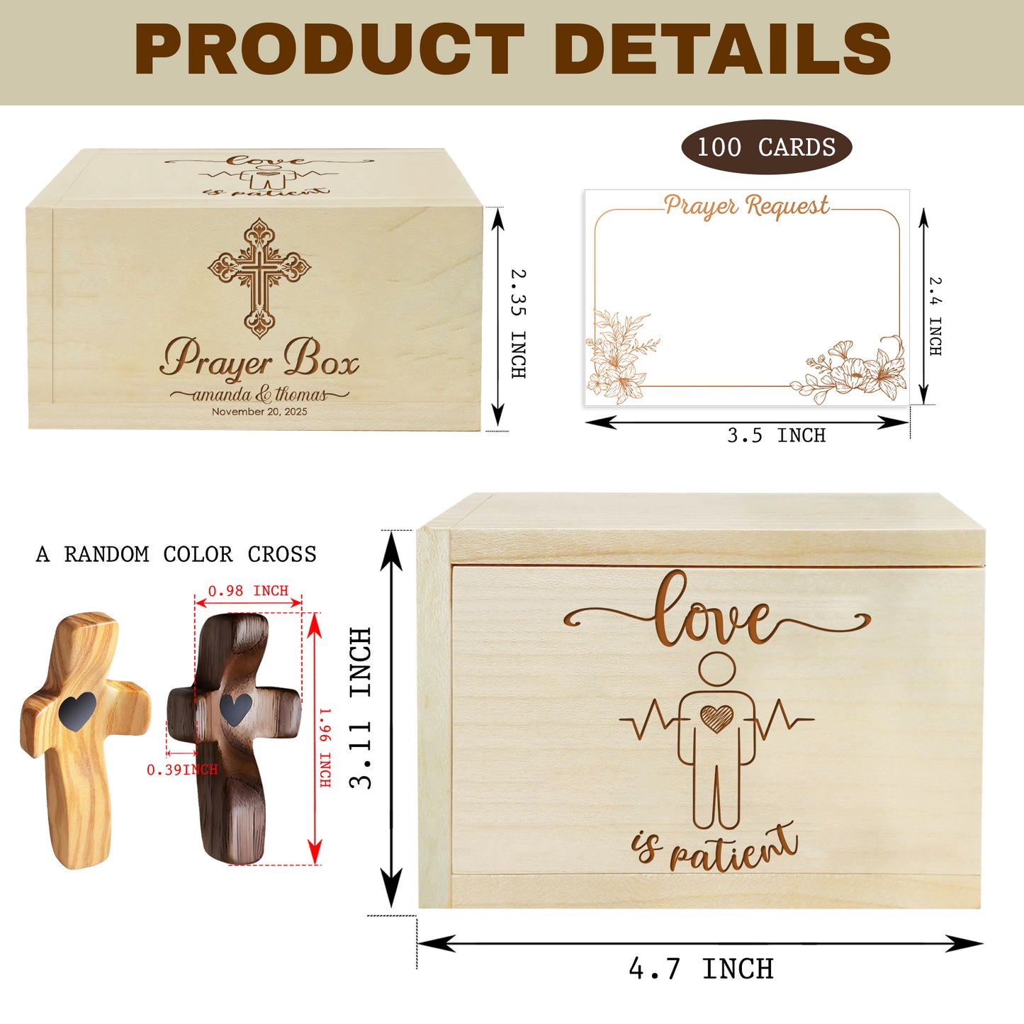 Netecom Valentine’s Day Gift for Couples – Personalized Prayer Box with 100 Prayer Request Cards & Wooden Cross, Christian Love Gift