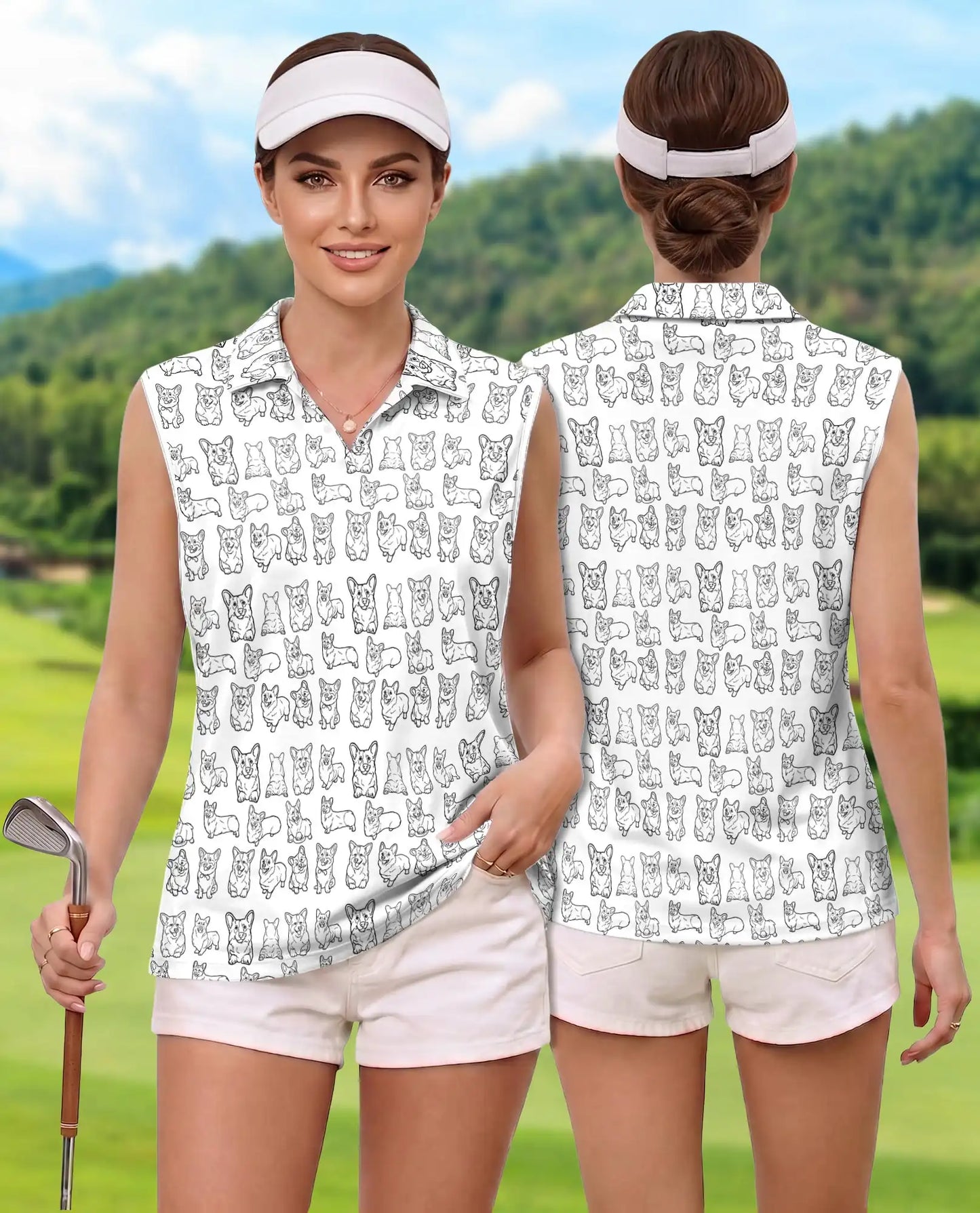 Corgi Line Art Pattern Sleeveless Polo Shirt for Women| Netecom