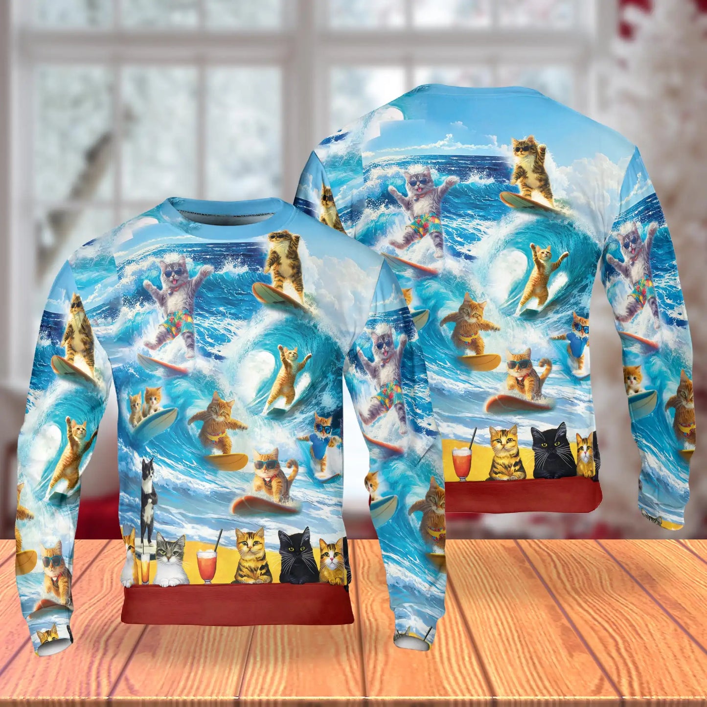 Cat Surfing Sweatshirt, 3D All Over Print Funny Beach Cat Crewneck Pullover for Men Women, Cat Lover Gift - Netecom