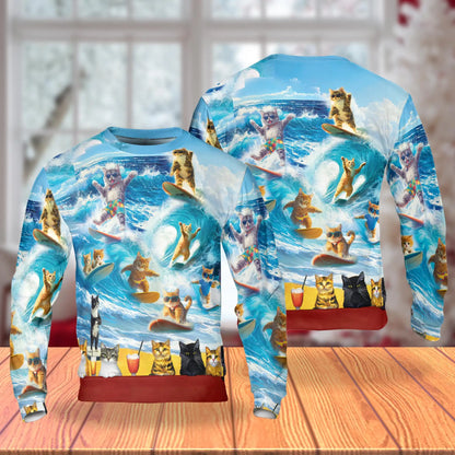 Cat Surfing Sweatshirt, 3D All Over Print Funny Beach Cat Crewneck Pullover for Men Women, Cat Lover Gift - Netecom