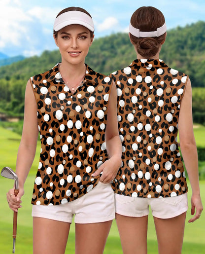 Leopard Polka Dot Print Sleeveless Polo Shirt for Women | Netecom