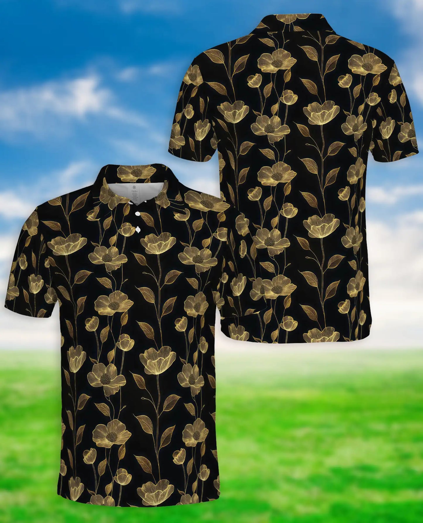 Elegant Gold Floral Polo Shirt for Men- Black Luxury  Pattern Shirt | Netecom