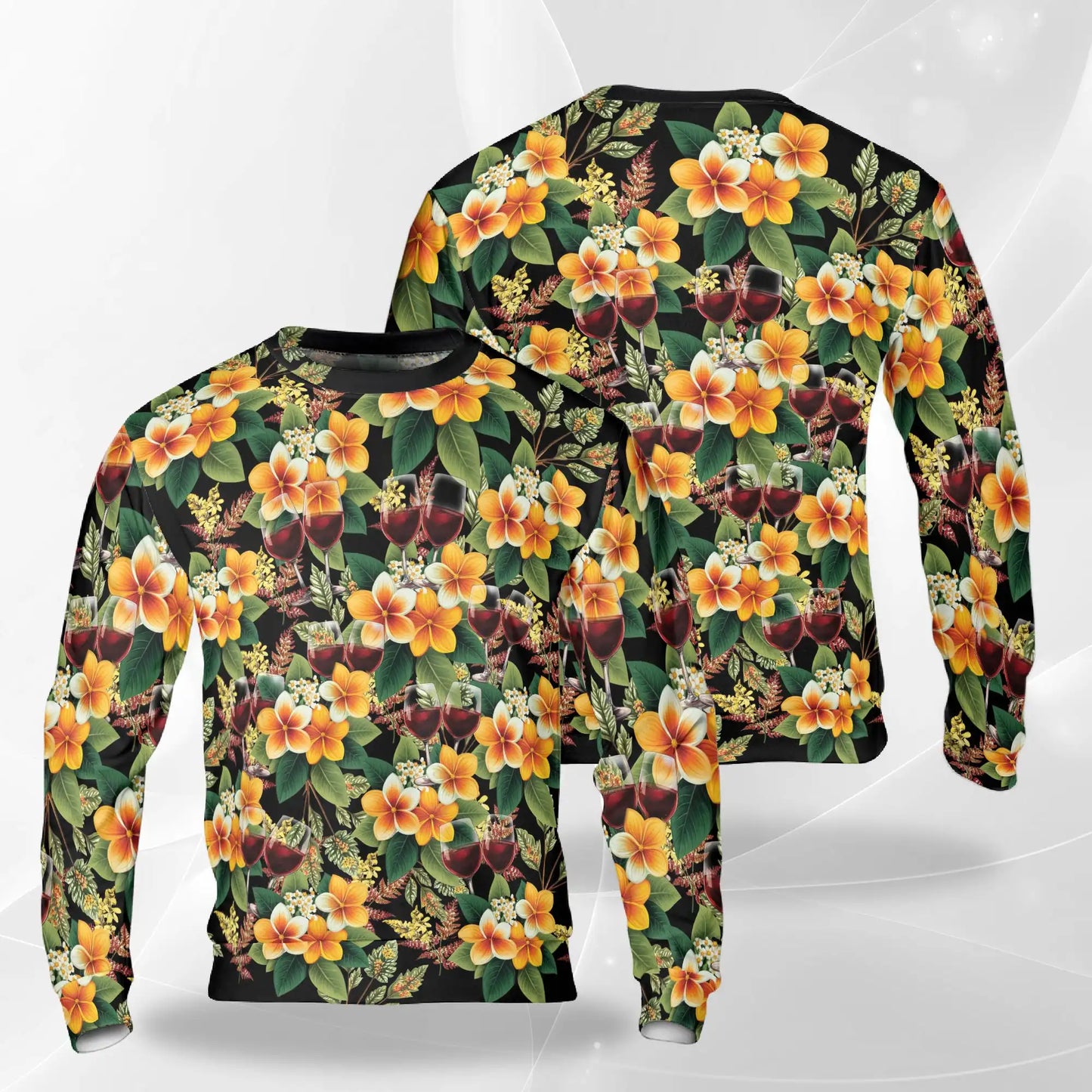Plumeria and Wine Seamless Pattern Sweatshirt, 3D All Over Print Tropical Floral Drink Crewneck Pullover for Men Women, Wine Lover Gift - Netecom