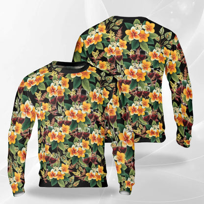 Plumeria and Wine Seamless Pattern Sweatshirt, 3D All Over Print Tropical Floral Drink Crewneck Pullover for Men Women, Wine Lover Gift - Netecom