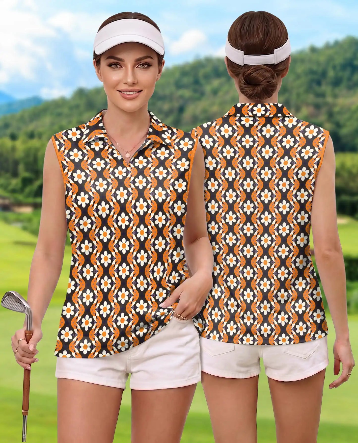 Orange Daisy Wave Pattern Sleeveless Polo Shirt for Women | Netecom
