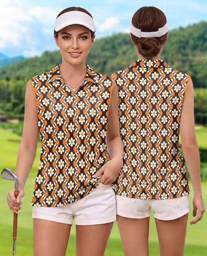 Orange Daisy Wave Pattern Sleeveless Polo Shirt for Women | Netecom