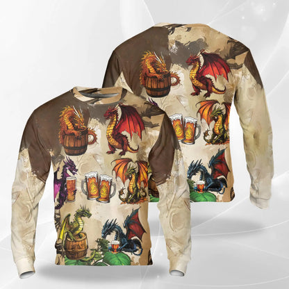 Funny Beer Dragon Sweatshirt, 3D All Over Print Fantasy Beer Crewneck Pullover for Men Women, Dragon Lover Gift - Netecom