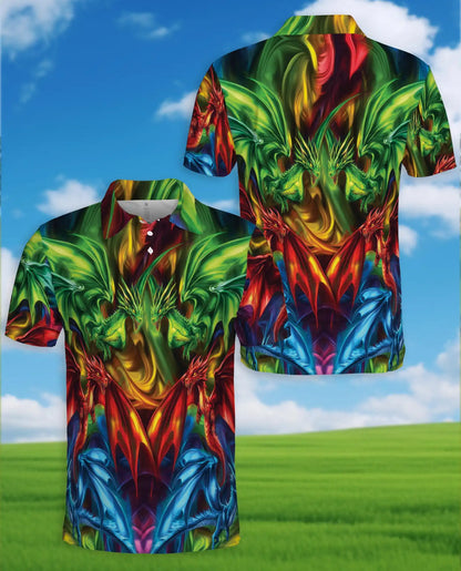 Colorful Fantasy Dragon Polo Shirt for Men - Fire Ice Mythical Dragon | Netecom