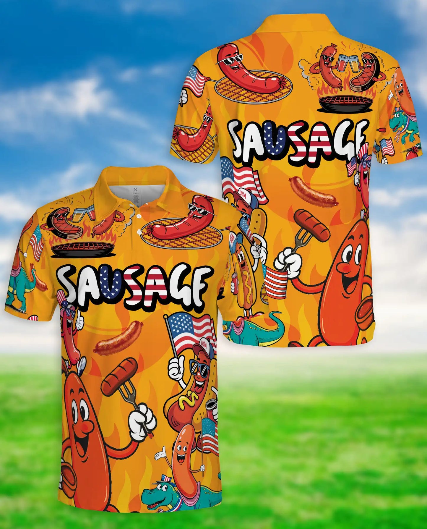 Funny Sausage Polo Shirt – Patriotic BBQ Cartoon Print | Netecom